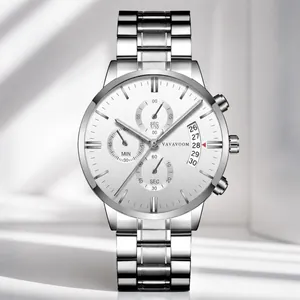 Men's stainless steel quartz business watch with white chronograph dial and date window