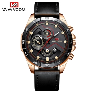 Men's sports quartz watch with rose gold case, black leather strap and calendar display
