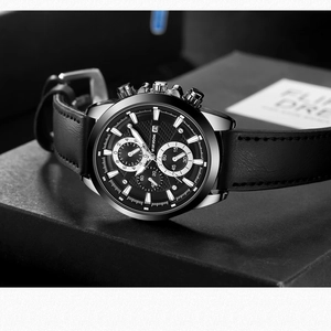 Macro shot of VAVA VOOM chronograph watch with black leather strap and date display feature