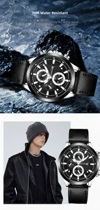 Waterproof business watch with black leather strap and multi-functional chronometer dial
