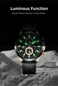 Detail of luminous watch hands and markers in dark and light settings with leather strap