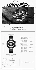 Detail specifications of 45.5mm business leather watch with 30m water resistance data