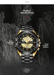 Dettaglio dell'orologio sportivo da uomo nero e oro con design scheletrato e quadrante 47mm