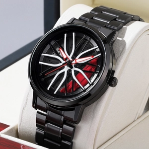Orologio al Quarzo da Uomo con Mozzo Ruota Girevole Design Cerchio 3D Cavo Cinturino in Acciaio Inossidabile Impermeabile alla Moda