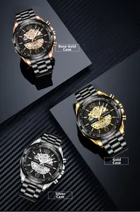 Dettaglio di orologi sportivi scheletrati in oro rosa, oro e finitura argento