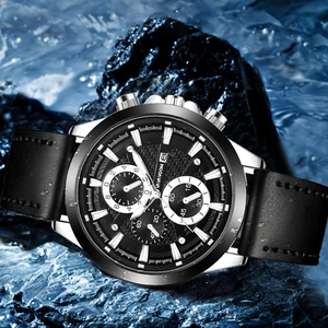 VAVA VOOM Men's waterproof quartz watch with black leather strap and calendar on dark rock