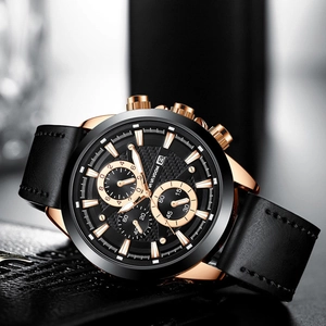 VAVAVOOM mens quartz chronograph watch with black leather strap and rose gold metal case