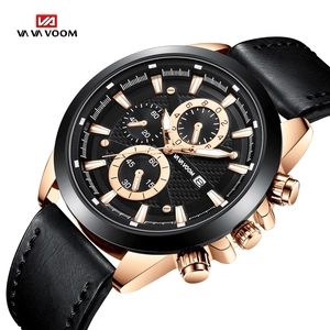 VA VA VOOM Men’s Chronograph Quartz Watch with Black Leather Strap and Rose Gold Case