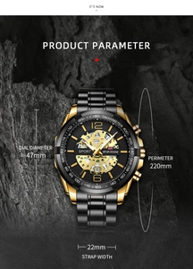 Orologio sportivo da uomo nero e oro con quadrante grande da 47mm e cinturino in acciaio