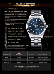 Tableau des tailles pour montre à quartz en acier inoxydable avec cadran de 40,5mm et 3BAR