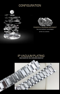 Détail du mouvement à quartz avec date et bracelet en acier inoxydable plaqué par vide IP