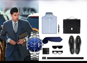 Mens business quartz watch with blue dial and silver stainless steel strap styled with suit