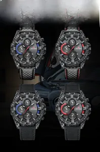 Gros plan de montres de sport à cadran en carbone avec bracelets en cuir et en nylon