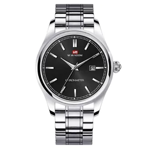 Montre d'affaires en acier inoxydable argenté avec cadran noir et guichet de date