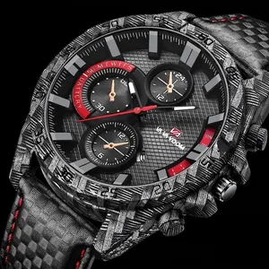 Montre à Quartz Sport pour Hommes Avec Lunette à Texture en Fibre de Carbone Chronographe Étanche Lumineux Montre-Bracelet Militaire