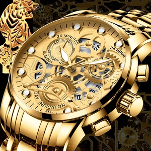 Orologio automatico scheletrato in oro di lusso per uomo con cinturino in acciaio