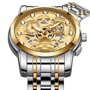 Orologio meccanico da uomo traforato con cinturino bicolore in acciaio inox oro e argento