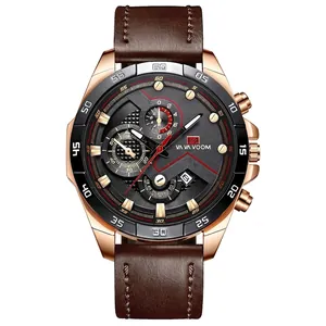 Men's multifunctional rose gold watch with brown leather strap and grey textured dial