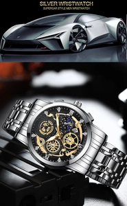 Detail einer silbernen Herrenuhr mit goldenem Skelett-Zifferblatt und Sportwagen-Hintergrund