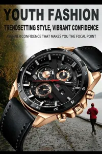 Détail d'une montre chronographe pour homme en or rose avec bracelet en cuir noir et cadran sport