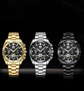 Three chronographs in gold, silver, and black finishes with metal bands and tachymeter