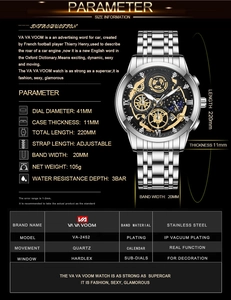 Technische Daten der VA VA VOOM Quarzuhr mit 41mm schwarzem Zifferblatt und Silberband