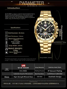 Detailed size chart for luminous men's stainless steel watch with 46.5mm gold dial diameter