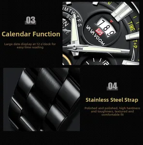 Detailed view of stainless steel strap and calendar window on black men's watch