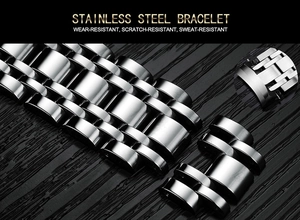 Makroansicht der silbernen Edelstahl-Gliederarmband mit polierten Oberflächen