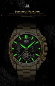 Detail view of the luminous green glowing hands and markers on a gold sport watch