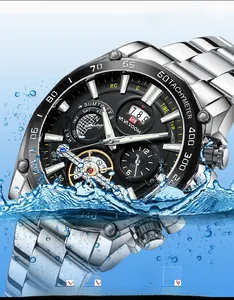Dynamic underwater view of high-performance waterproof men's watch with steel strap