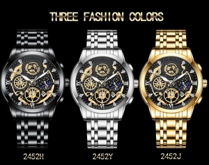 Herren wasserdichte Quarzuhr Set in Schwarz Silber und Gold mit Mondphasen Zifferblatt