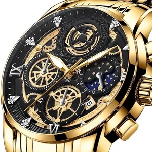Herren Quarzuhr Edelstahlband Skelett Sonne Mond Phase Zifferblatt Wasserdicht Strass Leuchtend Business Armbanduhr