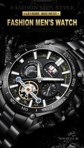 Macro shot of luminous black metal watch featuring tourbillon decoration and tachymeter dial