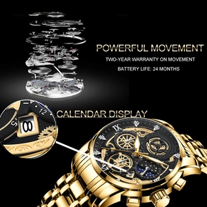 Skelett-Tourbillon-Quarzuhr für Herren mit Kalender und goldenem Edelstahlarmband