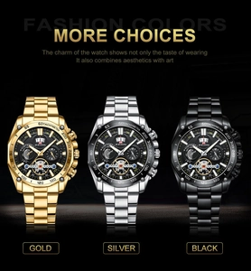 Close-up of men's business watches in gold, silver and black with triple-dial chronograph face