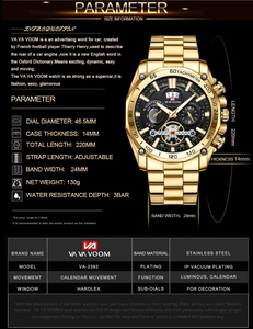Detailed specs of the 46.5mm stainless steel luminous sport watch for men
