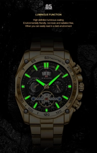 Detailed macro view of the luminous green hands and tourbillon on a gold men's watch