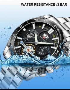 Macro shot of stainless steel watch splashing in water showing 3 BAR water resistance