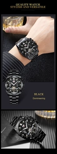 Close-up of black stainless steel chronograph watch with tachymeter and date display
