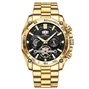 Luminous gold stainless steel chronograph men's watch with black dial and tachymeter