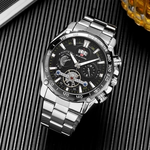 Luminous men's stainless steel mechanical watch with multi-functional chronograph dial