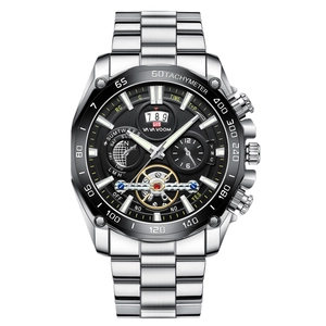 Men's luminous stainless steel mechanical watch with multi-function black dial face