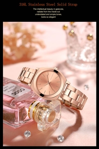 Elegant rose gold 316L stainless steel watch on lifestyle background with perfume and decor