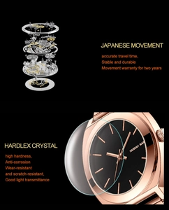 Detailed macro view showing the Japanese quartz movement and Hardlex glass of the watch