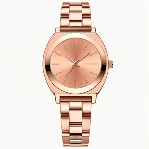 Elegant rose gold tonneau-shaped watch with stainless steel strap and sunburst dial texture