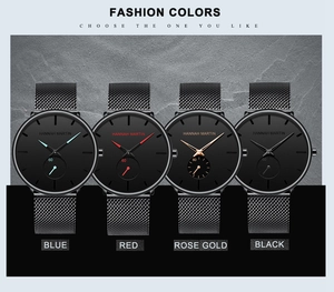 Detail view of Hannah Martin sports watches with mesh bands in blue, red, and rose gold