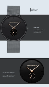 Detail of black matte quartz watch with rose gold indices and mesh steel strap