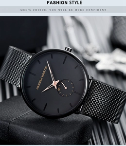 Close-up of minimalist black men's watch with rose gold hands and Milanese mesh band