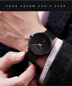 Macro shot of a black stainless steel mesh band watch worn with a formal suit
